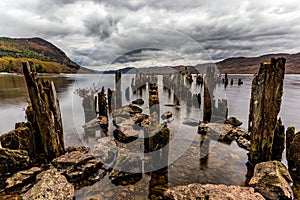 Scenic view of Loch Ness pier on a cloudy day. Scotland.