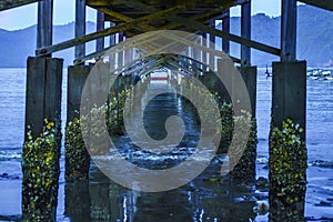 A scenic view looking down a wooden pier over calm water at sunrise near Karanggongso Beach, Trenggalek, Indonesia.