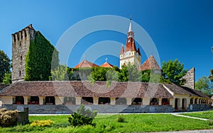 Scenic view Lutheran fortified church and evangelical cemetery in Cristian, Brasov County, Romania