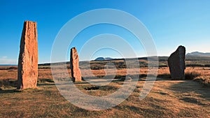 Scenic view of the Machrie Moor standing stones at dawn in the Isle of Arran, Scotland