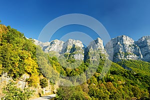 Scenic view of magnificent mountains on sunny autumn day in Zagori region, Northern Greece