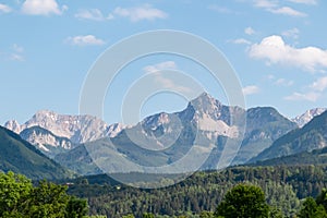 Scenic view of majestic mountain peaks of Karawanks seen from Feistritz im Rosental, Carinthia, Austria. Majestic Wertatscha and