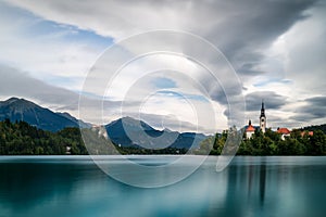 Scenic view of the Mala Osojnica in the middle of Lake Bled in Slovenia