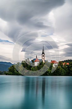 Scenic view of the Mala Osojnica in the middle of Lake Bled in Slovenia