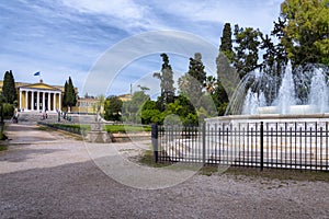 Scenic view of the marble fountain gushing water and the Zappeion Hall neo-classical building