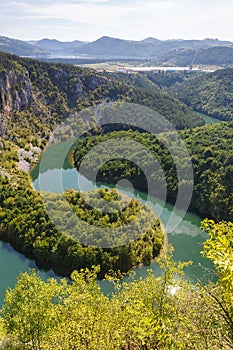 Aerial  view of meanders on the river Uvac and Zlatar lake in distance, Serbia photo