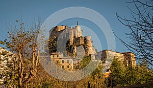 Scenic view of medieval fortifications and castle of Rocca Abbaziale in Subiaco