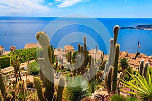 Scenic view of the Mediterranean coastline, medieval houses and exotic garden from the top of the medieval village of Eze