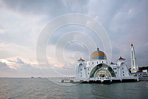 Scenic view of the Melaka Straits Mosque built on the shore of the beach in Malaysia