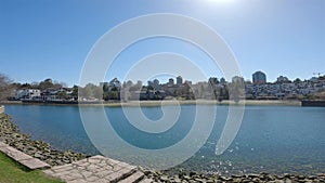 Scenic View in a Moden City Park, sunny day. Granville Island in False Creek, Vancouver, BC, Canada