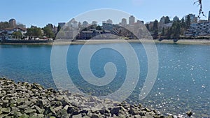 Scenic View in a Moden City Park, sunny day. Granville Island in False Creek, Vancouver, BC, Canada