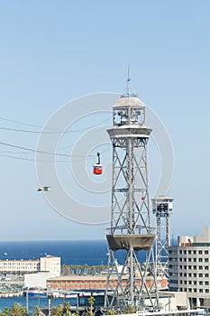 Scenic view of the Montjuic cable car with a red-colored cabin in Barcelona, Spain