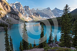 Scenic view on Moraine lake in Canadian Rockies