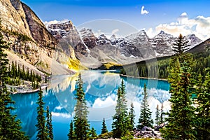Scenic view of Moraine lake and mountain range, Alberta, Canada