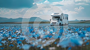 Scenic view of a motorhome traveling through a bloom of blue flowers. perfect for adventure and travel themes. outdoor