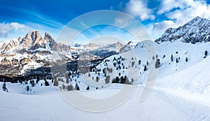 A view of Mount Cristallo, from mount Faloria during winter season, a ski resort in Cortina d`Ampezzo, Italy photo