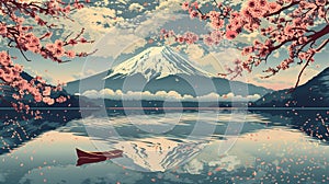 Scenic view of Mount Fuji in Japanese woodblock style, AI-generated.