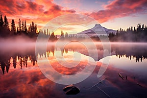 Scenic view of Mount Rainier reflected across the reflection lakes.. Pink sunset light on Mount Rainier in the Cascade