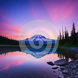 Scenic view of Mount Rainier reflected across the reflection Pink sunset light on Mount Rainier in the Cascade