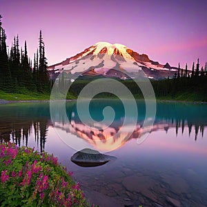 Scenic view of Mount Rainier reflected across the reflection Pink sunset light on Mount Rainier in the Cascade