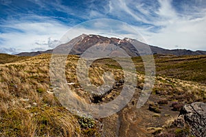 Scenic view on Mount Ruapehu in Tongariro National Park with beautiful clouds