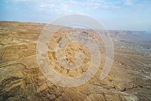 Scenic view of mountain plateau in Judean Desert, Israel. Panorama of lifeless cliffs in the desert. Mountains, rocks