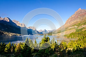 Scenic view of mountain range in Glacier NP, Montana