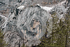 Scenic view of a mountain resembling a human face known as Heathen Maiden in the Alps in Slovenia