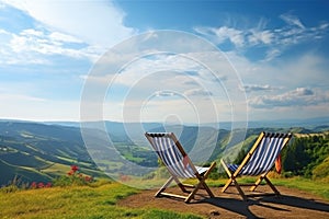 scenic view from mountain top with two deckchairs