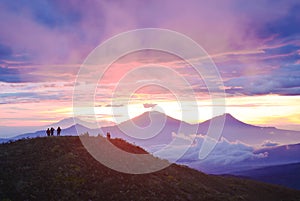 Scenic view of Mountains against sky during Sunrises. Located in Dieng, Indonesia