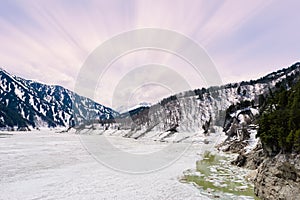 Scenic view of mountains in Murodo in winter.