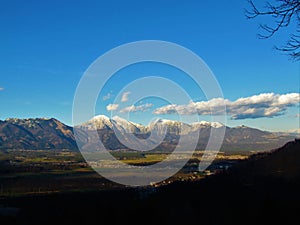 Scenic view of mountains Skuta and Grintovec in Kamnik-Savinja alps a