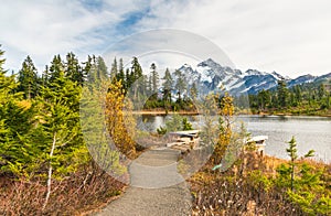 Scenic view of mt Shuksan over with reflaction on the lake and on sunset,Whatcom County, Washington, usa