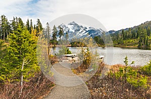 Scenic view of mt Shuksan over with reflaction on the lake and on sunset,Whatcom County, Washington, usa