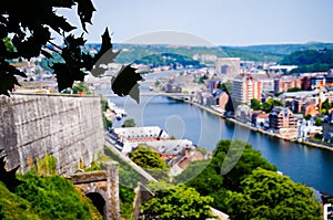 Scenic view of Namur, Wallonia from the Citadel of Namur. Taken in the Spring; landscape. Beautiful river Meuse and classic houses