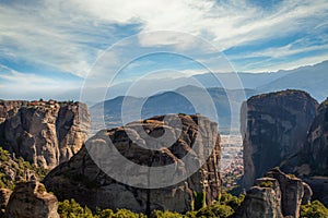 Scenic view on natural rock formations of Meteora, Kalabaka, Greece and Monastery of Rousanou