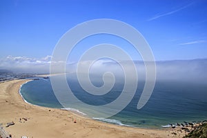 Scenic view of Nazare beach. Coastline of Atlantic ocean. Portuguese seaside town on Silver coast. The clouds above the water are