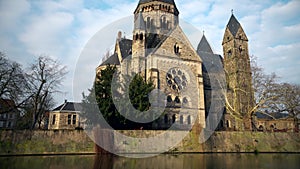 Scenic view of the neo-Romanesque Temple Neuf church in Metz, situated on an island in the Moselle river.