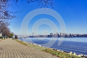 Scenic view of the New York Manhattan skyline seen from across the Hudson River in Edgewater