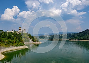 Scenic view of Niedzica Castle and artificial Czorsztynskie Lake in Southern Poland