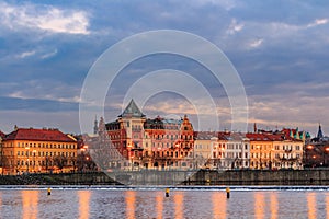 Scenic view in night of the Old Town architecture over Vltava river in Prague, Czech Republic