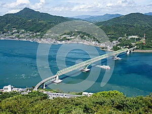 Scenic view of Obatakeset Strait and Oshima Bridge from Iinoyama viewpoint on Suo-Oshima Island Yamaguchi prefecture, Japan