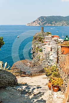 Scenic view of ocean and harbor in colorful village Vernazza, Ci