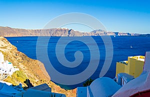 Scenic view of Oia town Santorini island landscape and Caldera Greece