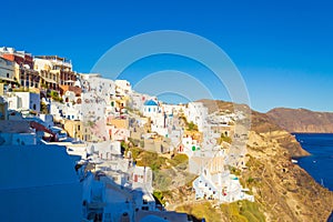 Scenic view of Oia town Santorini island landscape and Caldera Greece