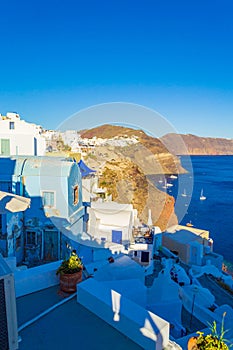 Scenic view of Oia town Santorini island landscape and Caldera Greece