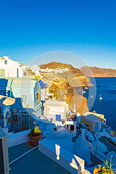 Scenic view of Oia town Santorini island landscape and Caldera Greece