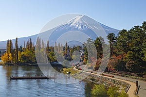 Scenic view of Oike Park with Fuji mountain background in autumn, Lake Kawaguchiko, Japan