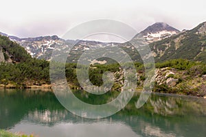 Scenic view of Okoto lake reflecting green shrubs and snowy Pirin mountain on its shore in Bulgaria