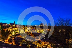 Scenic view of old part of Luxembourg city, Grund, at night